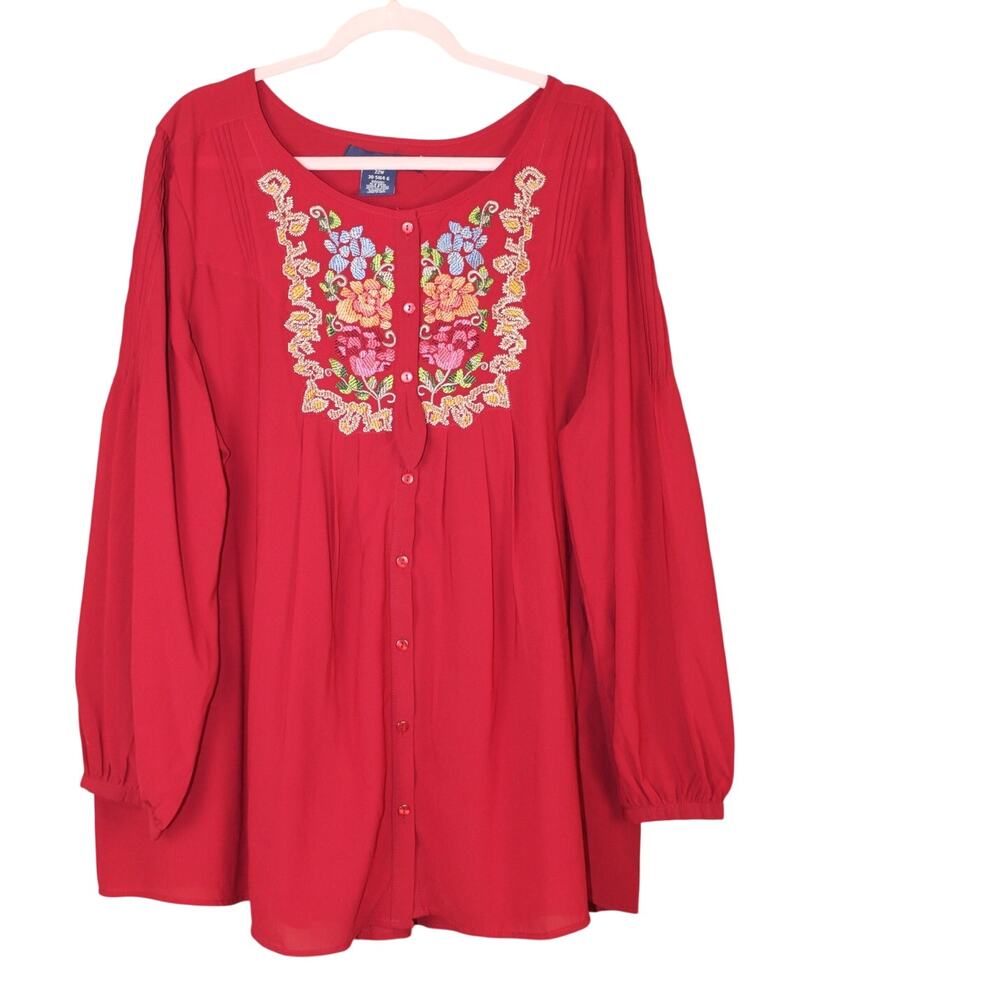Denim 24/7 Sheer Soft Flowy Red Floral Embroidery Long Sleeves Tunic Blouse 22W